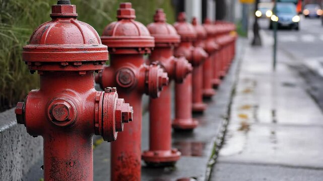 Row of Red Fire Hydrants on City Sidewalk Urban Infrastructure Safety