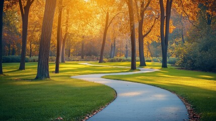 Fototapeta premium Pathway through a lush green park with trees
