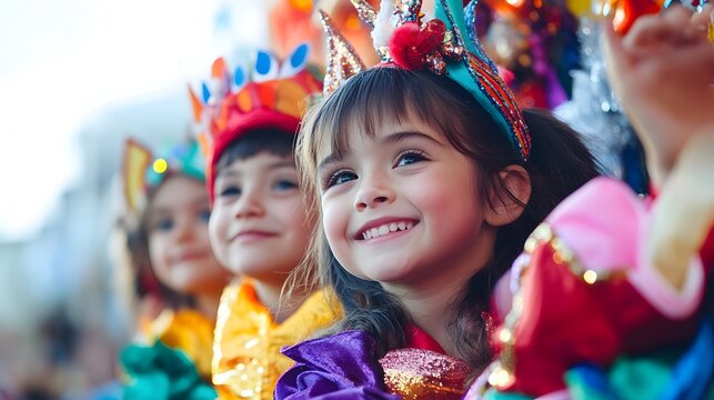 A parade float carrying children dressed in festive costumes with colorful decorations in the background