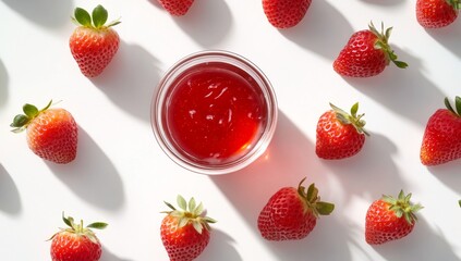 Strawberry jam in a glass jar surrounded by fresh strawberries on white background. (1)