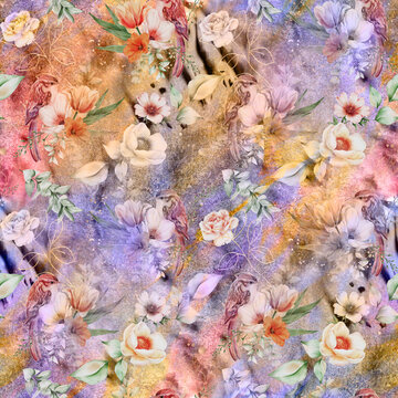Watercolor flower with creative background seamless pattern