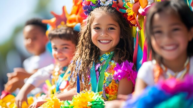 A group of children sitting on a large parade float, dressed in colorful costumes with bright streamers and flowers