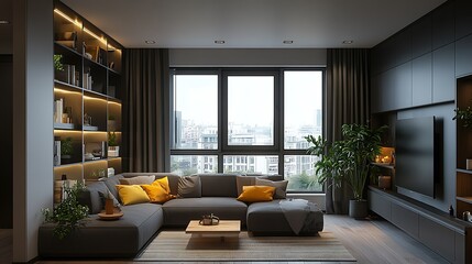 Fototapeta premium Modern living room with dark grey sectional sofa, built-in shelving, large windows, city view, and plants.