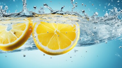 Sliced lemon dropping into crystal clear water creating splashing ripples and a vibrant yellow toned visual