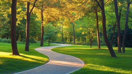 Obraz premium Pathway through a lush green park with trees