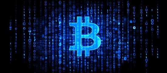 Bitcoin symbol glowing blue in binary code.