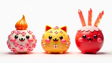 Obraz premium kawaii dessert characters spring festival, cute food design pastel mascot isolated on white graphic use seasonal illustration adorable fantasy theme Chinese New Year creative gift ideas.