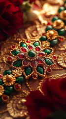 Naklejka premium Luxurious Gold and Gemstone Jewelry on Red Fabric