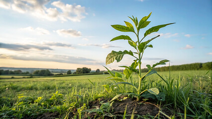 Young Cassava Plant Growing in Lush Green Hills of a Scenic Countryside Landscape