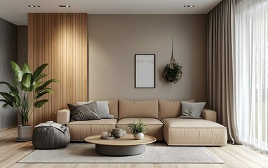 Modern living room interior design with beige sofa, wooden wall panel, and plants.
