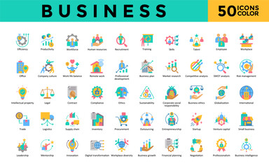 Business icon set with efficiency, productivity, workforce, human resources, recruitment, training, skills, talent, employee, workplace icon. Simple flat color vector 
