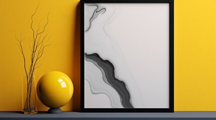 Elegant and modern decorative scene featuring a sleek black edged blank A4 frame textured yellow wall and polished marble reflections creating a minimalist sophisticated atmosphere
