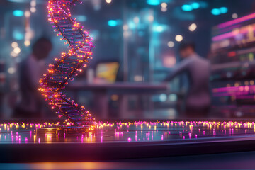 High-Tech Genetic Engineering Lab with Glowing DNA Models and Advanced Equipment  
