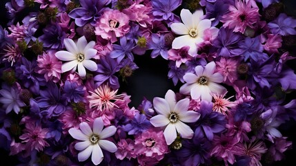 Stunning overhead view of a circular floral arrangement composed of vibrant purple flowers with delicate petals creating a captivating and elegant design for a variety of uses