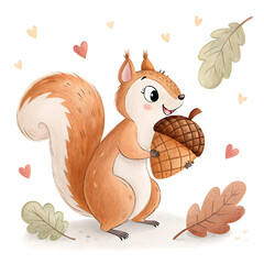 Naklejka premium Cute valentine animals clipart featuring a squirrel with acorn in a whimsical forest setting