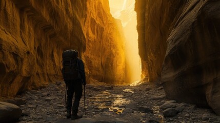 Backpacker Hiking Through Golden Canyon Walls