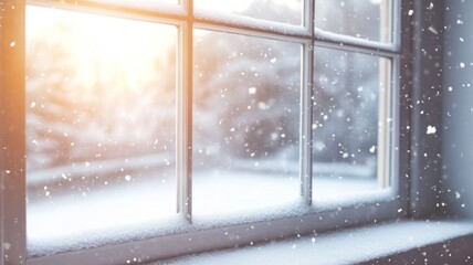 Snowy winter scene viewed through a window pane