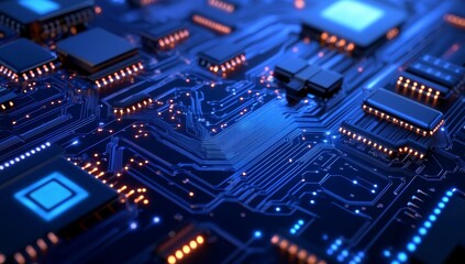Obraz premium Close-up of a circuit board with glowing components and intricate pathways.