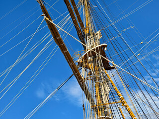 Ropes stretched across the masts of an old ship