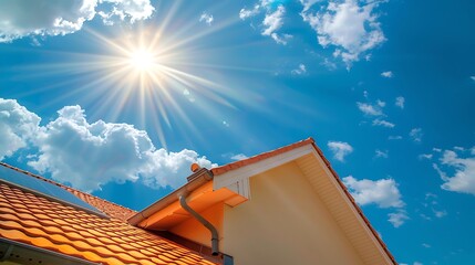 Roof of a house against the blue sky with clouds and sun