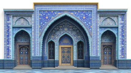 Obraz premium Ornate Blue Mosaic Facade With Intricate Archways And Doors