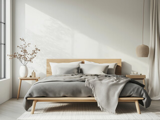 A minimalist Japandi bedroom with a warm colored bed frame and soft taupe bedding, and a neutral-colored ceramic lamp adds warmth to the room.