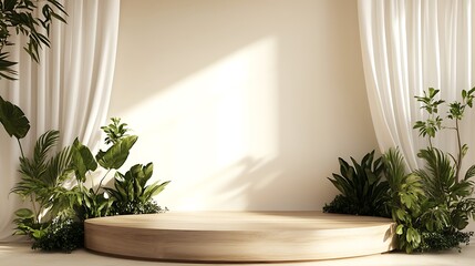 Fototapeta premium wooden podium minimalist interior design mockup for product presentation