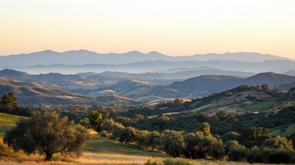 Rolling Hills And Distant Mountains At Sunset