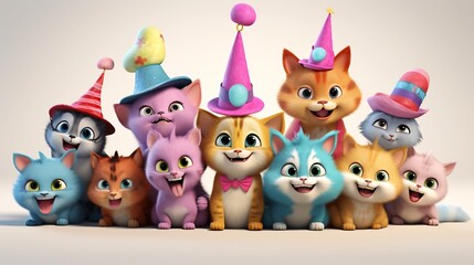 A delightful group of cartoon cats adorned in colorful party hats gathered together to celebrate a cheerful and festive event with enthusiasm and merriment