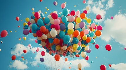 A massive group of colorful balloons lifting into the sky during a festival