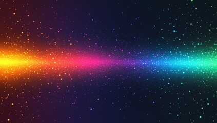 Colorful vibrant light streak on dark background with sparkling particles.