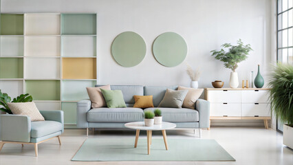 Modern living room with pastel furniture and minimalist decor