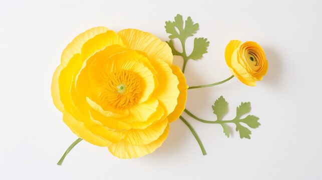 A single vibrant yellow ranunculus flower with delicate layered paper thin petals blooming against a clean pure white background