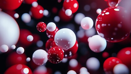 Abstract 3D rendering of red and white spheres floating in dark space. (1)