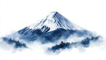 Majestic snow-capped mountain peak, partially veiled in mist, with dark blue watercolor style.
