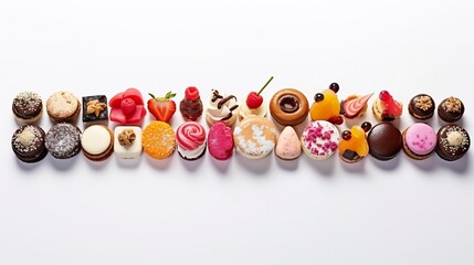 An orderly and visually appealing arrangement of twelve different delectable sweets including cakes candies and pastries neatly displayed in two symmetrical rows against a pristine white background