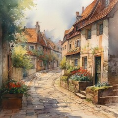 Fototapeta premium Charming cobblestone street with quaint houses, blooming flowers, and soft sunlight creating a serene atmosphere.