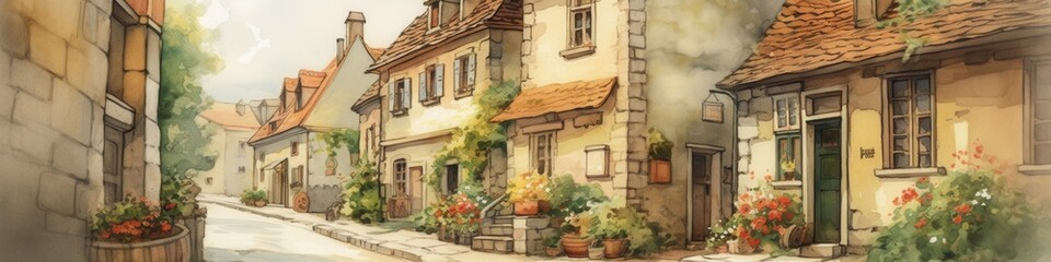 Fototapeta premium Charming street with quaint houses adorned with flowers and lush greenery, exuding a serene and picturesque atmosphere.