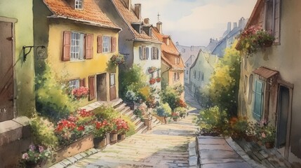 Fototapeta premium Charming street with colorful houses and vibrant flowers in a picturesque village setting.