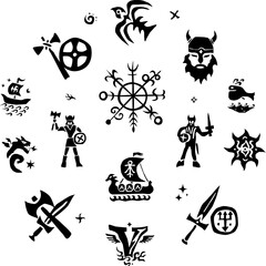 Viking warrior history character vector icon set , isolated graphic silhouettes collection