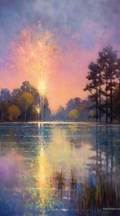 A serene lake scene at sunset, featuring vibrant fireworks reflected in the water amidst lush trees.