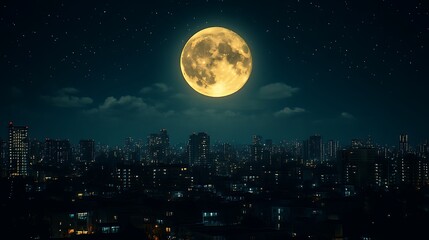 Fototapeta premium Large Yellow Moon Over Night City Skyline