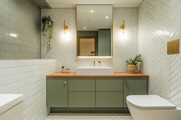 Grey slate tiles on the walls bathroom a natural look. A deep soaking bathtub sits near a wooden sink bar supported by teal cabinets.