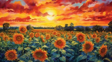 Obraz premium Vibrant sunset over a field of sunflowers, casting warm hues of orange and yellow across the sky.