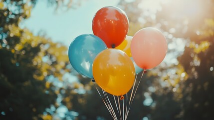 A joyful burst of colorful balloons lifting into the sky on a sunny day at a celebration