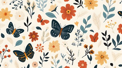 Colorful Butterflies and Flowers Pattern Design