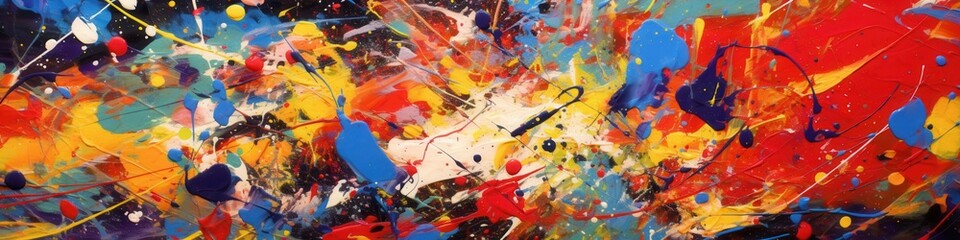 Colorful abstract painting with vibrant splashes and dynamic strokes, creating a lively and energetic atmosphere.