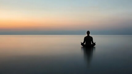 A serene female figure meditating at dusk by the calm sea, embodying tranquility and peace amidst soft hues.