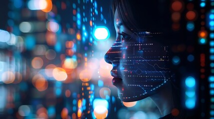 woman's face is superimposed with digital data and light effects, creating a futuristic portrait