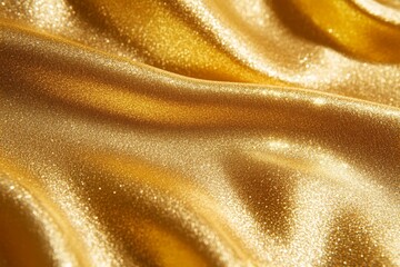Close-up of shimmering gold fabric with soft folds and wrinkles, showing luxurious texture and subtle sparkle.